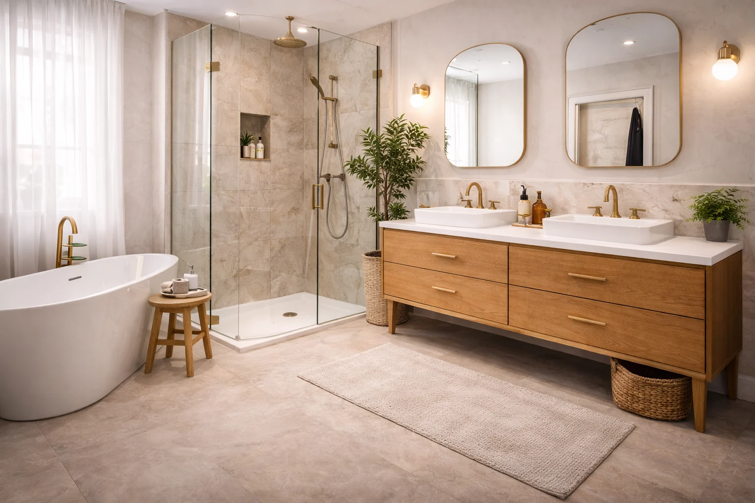 Baño elegante con detalles en latón